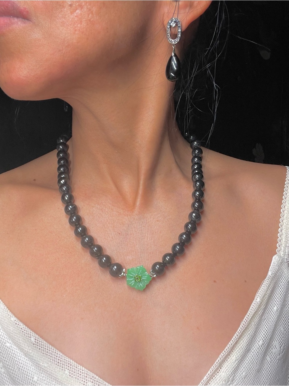 Handmade Gray Beaded Necklace with Green Flower Pendant